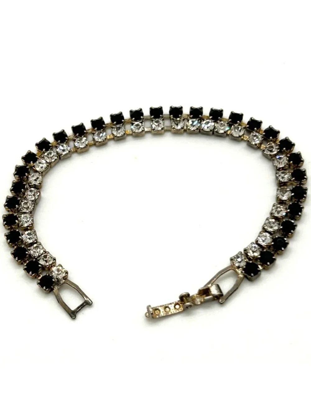 Vintage Tennis Bracelet With Black & Clear Rhinestones Silver Tone 6.5 Inches Lo - Picture 6 of 11